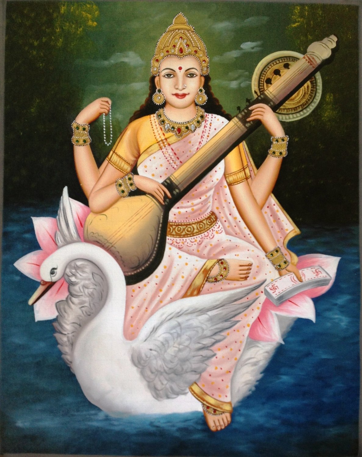 hindu-goddess-saraswati-painting-handmade-indian-religious-oil-on