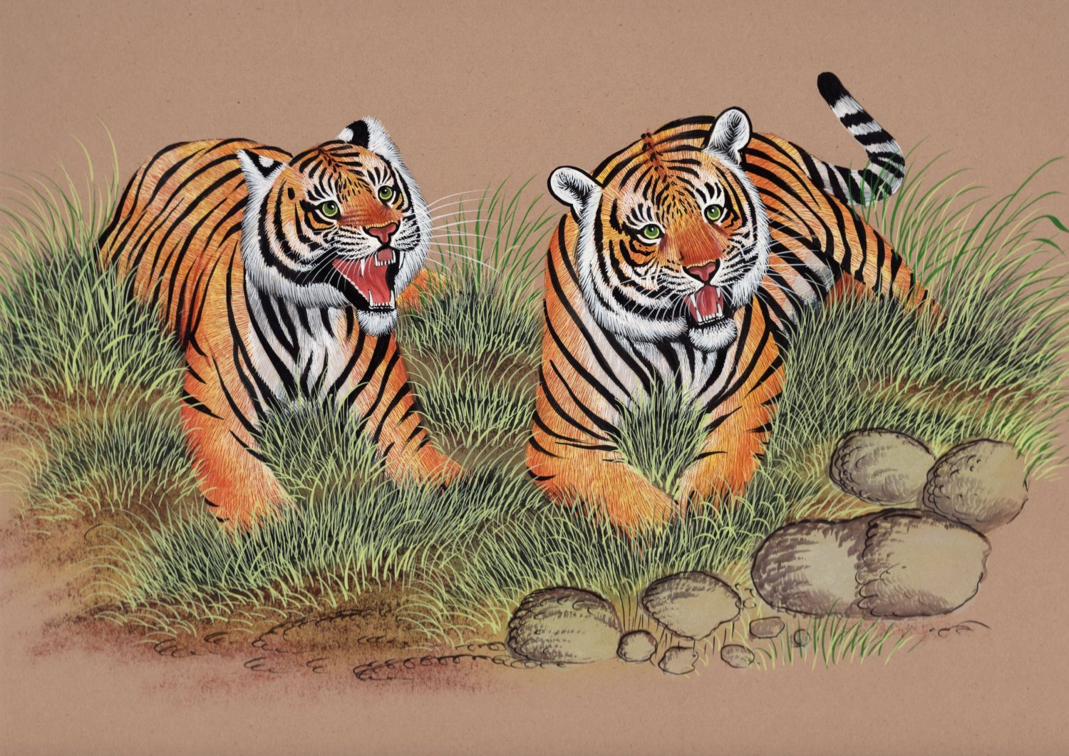 Bengal Indian Tigers Painting Handmade Wildlife Animal Nature Miniature  Artwork
