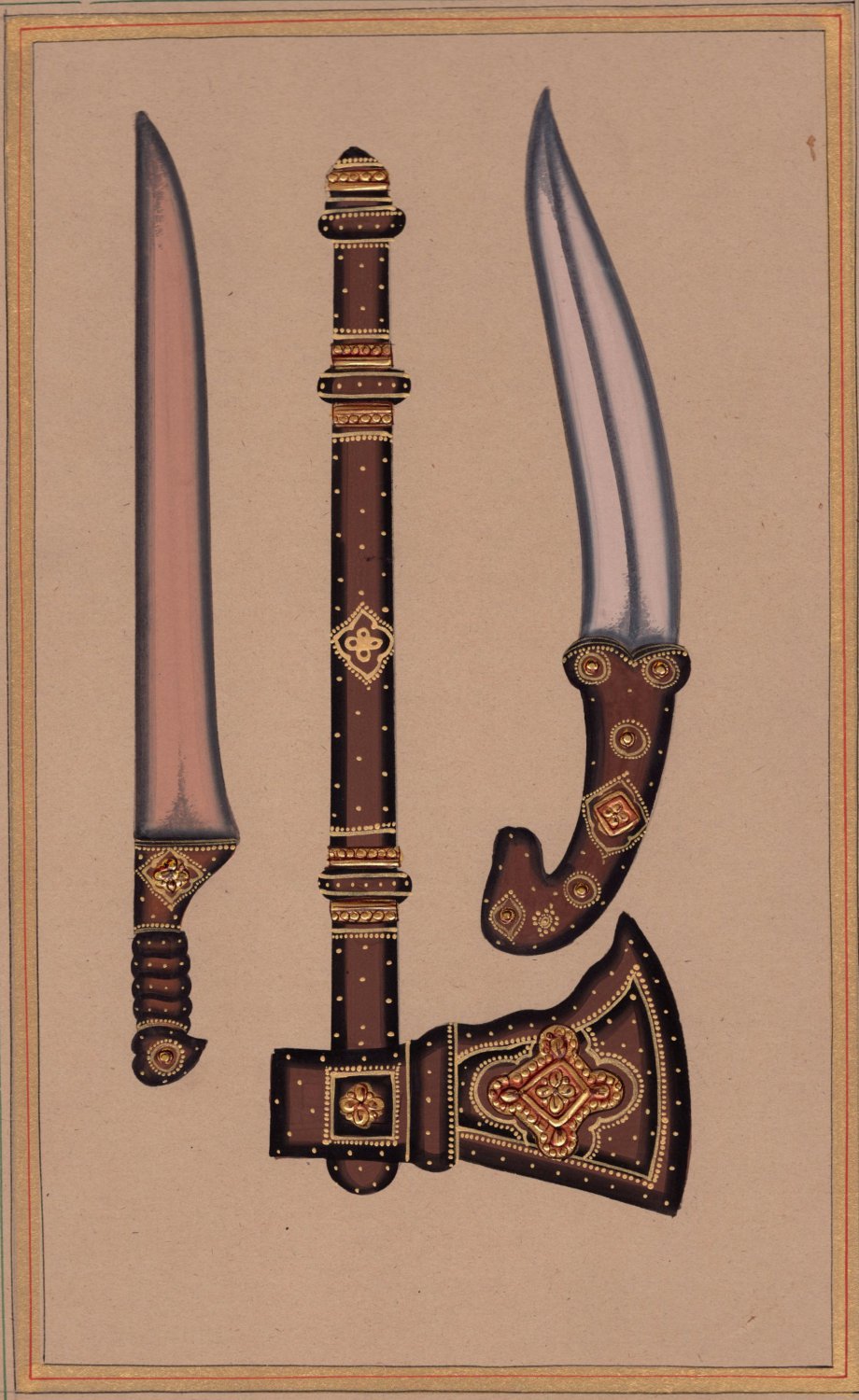 Indo Islamic Arms Art Handmade Decorated Dagger Axe Sword Mughal Weapon Painting