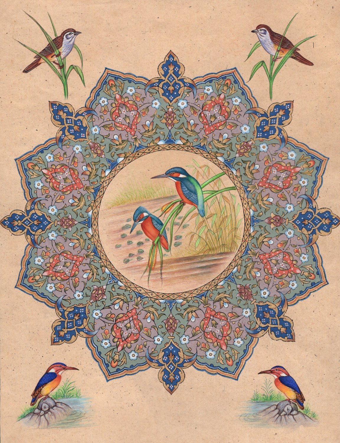 Islamic Floral Motif Bird Painting Handmade Miniature Decor Nature ...