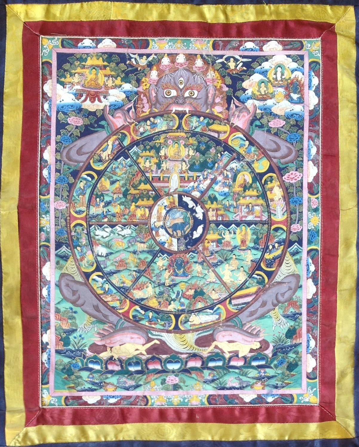 Tibetan Mandala Thanka Art Bhavachakra Silk Brocade Scroll Wall Decor Painting
