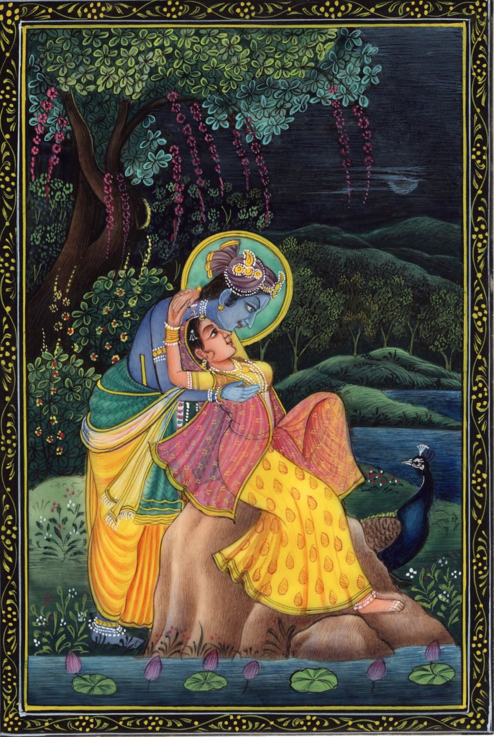 Krishna Radha Ethnic Decor Painting Handmade Hindu Indian Miniature Folk Art