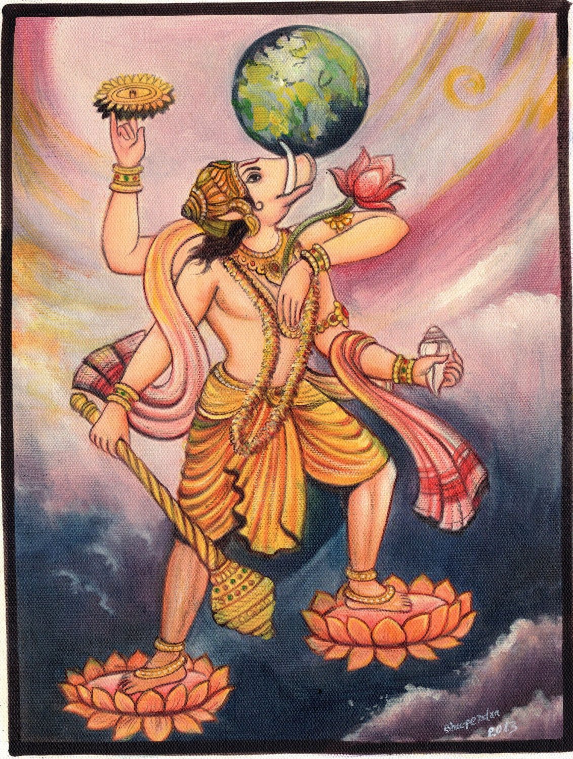 Varaha Avatar of Lord Vishnu Oil Color Art Handmade Indian Hindu Deity Painting