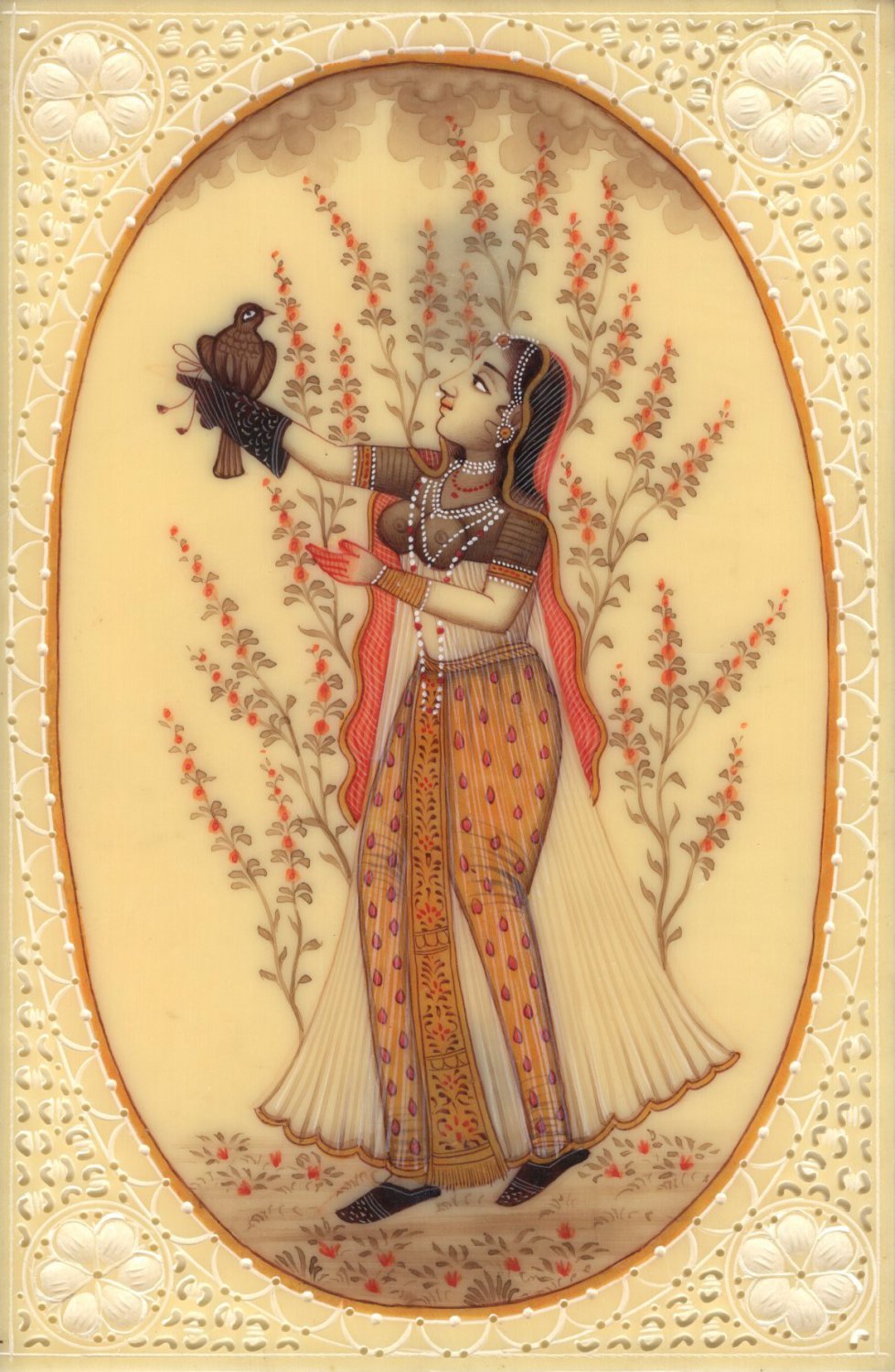Mughal Empire Miniature Painting Handmade Royal Moghul Princess Falconry Art