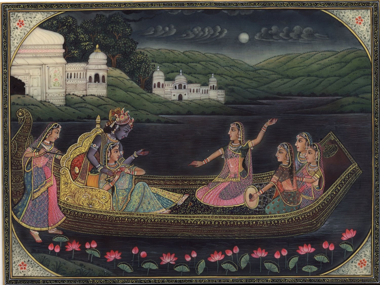 Krishna Radha Art Handpainted Hindu Folk Art Image Painting of Krishn and Gopis