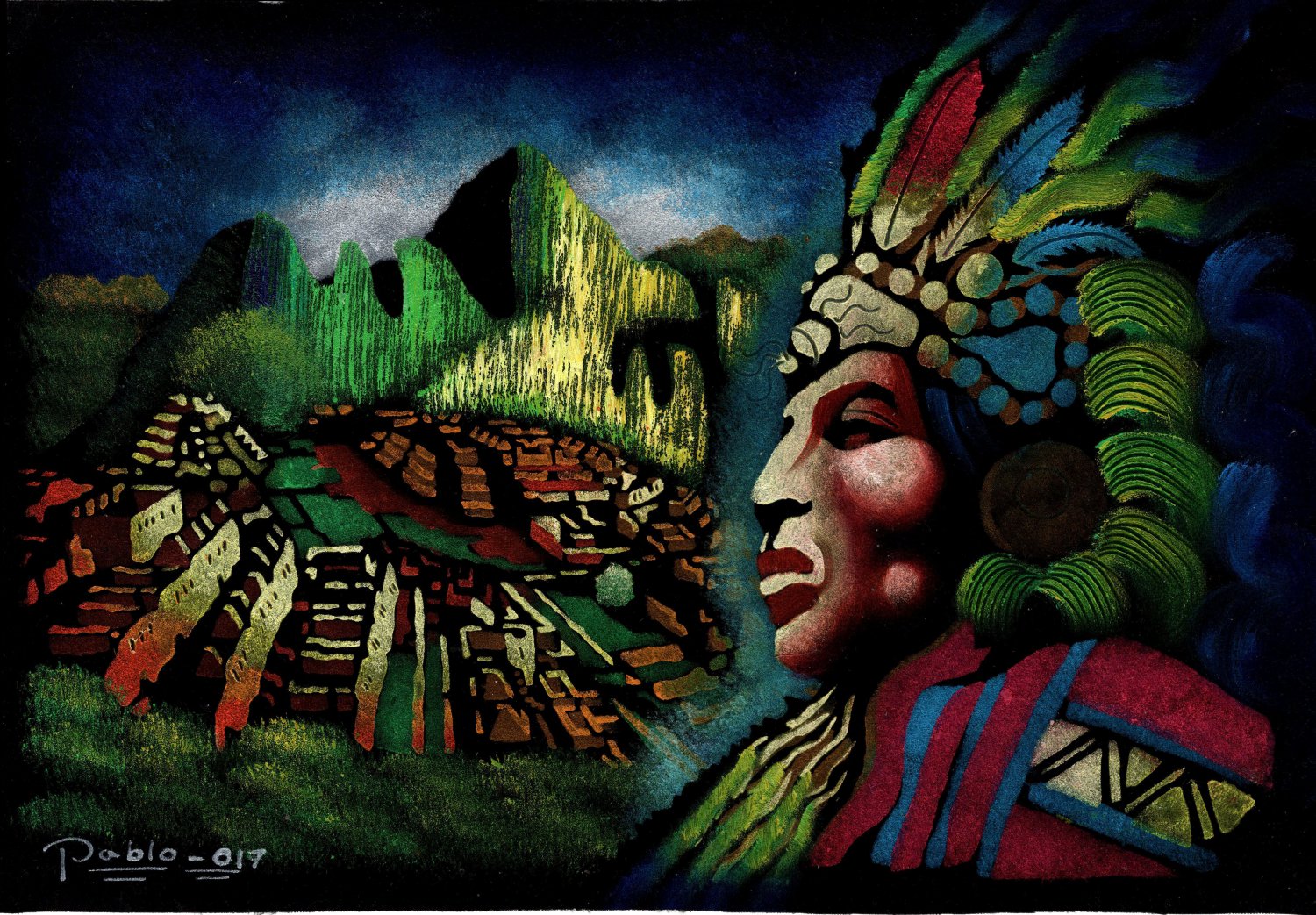 Machu Picchu Peruvian Cuzco Art Handmade Oil on Velvet Inca Pachacuti