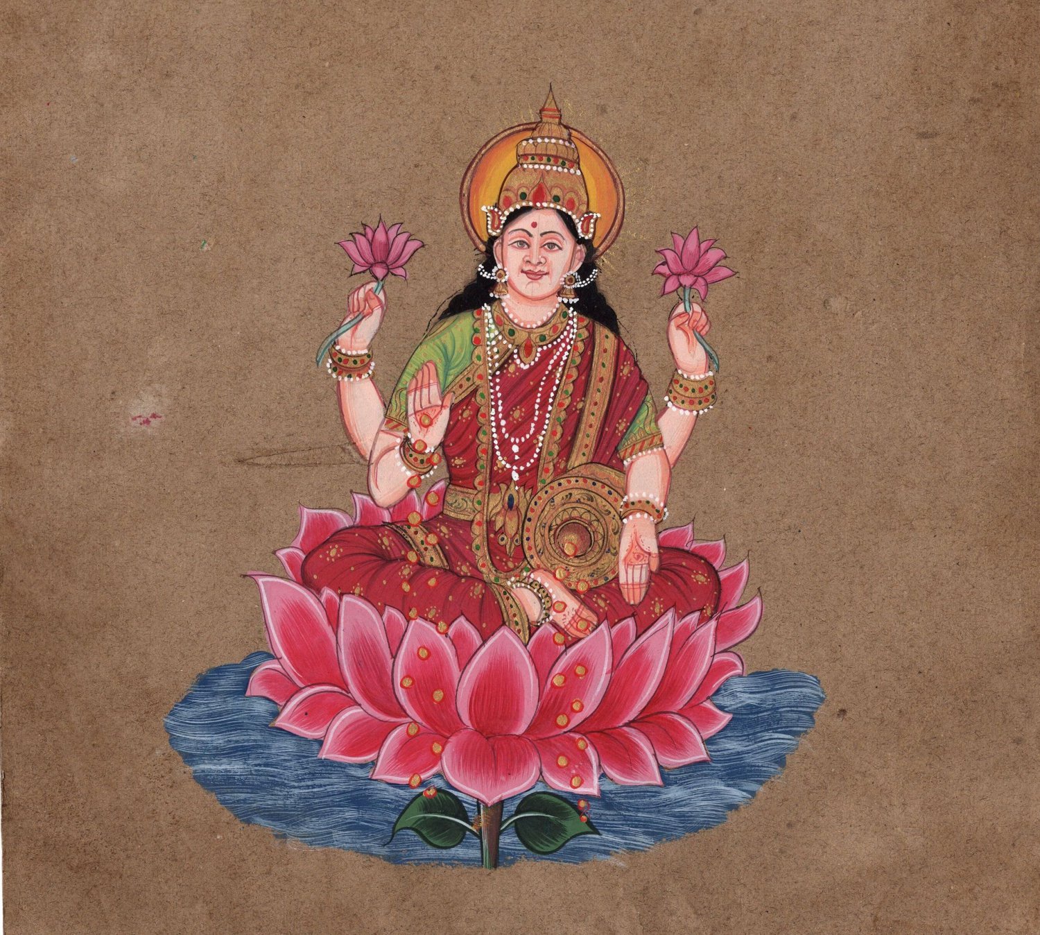 Lakshmi Painting Handmade Indian Miniature Hindu Goddess