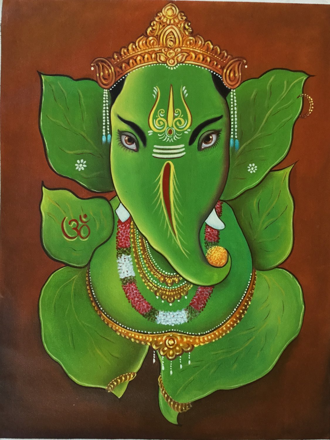 Leaf Ganesh Painting Handmade Oil On Canvas Indian God Ganesha Hindu Decor Art