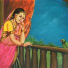 Rajasthan Lady Painting Handmade Indian Damsel Parrot Wall Decor Canvas Oil Art