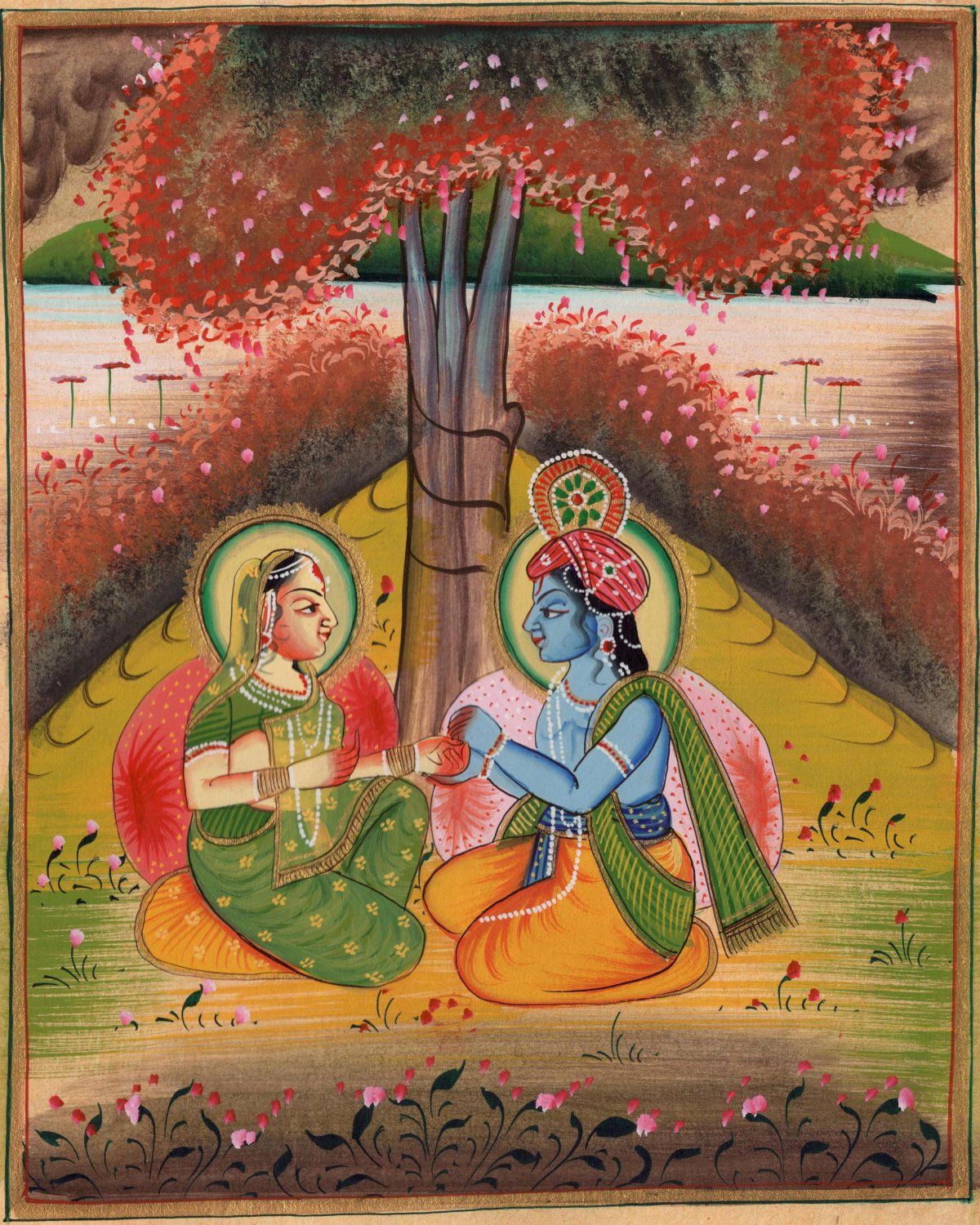 Krishna Radha Painting Handmade Hindu Religious God Goddess Watercolor Image Art