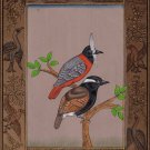 Bird Miniature Indian Art Handmade Watercolor Ethnic Folk Feather Pair Painting