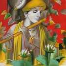 Krishna Art Handmade Indian Hindu Deity Portrait Oil on Canvas Decor Painting