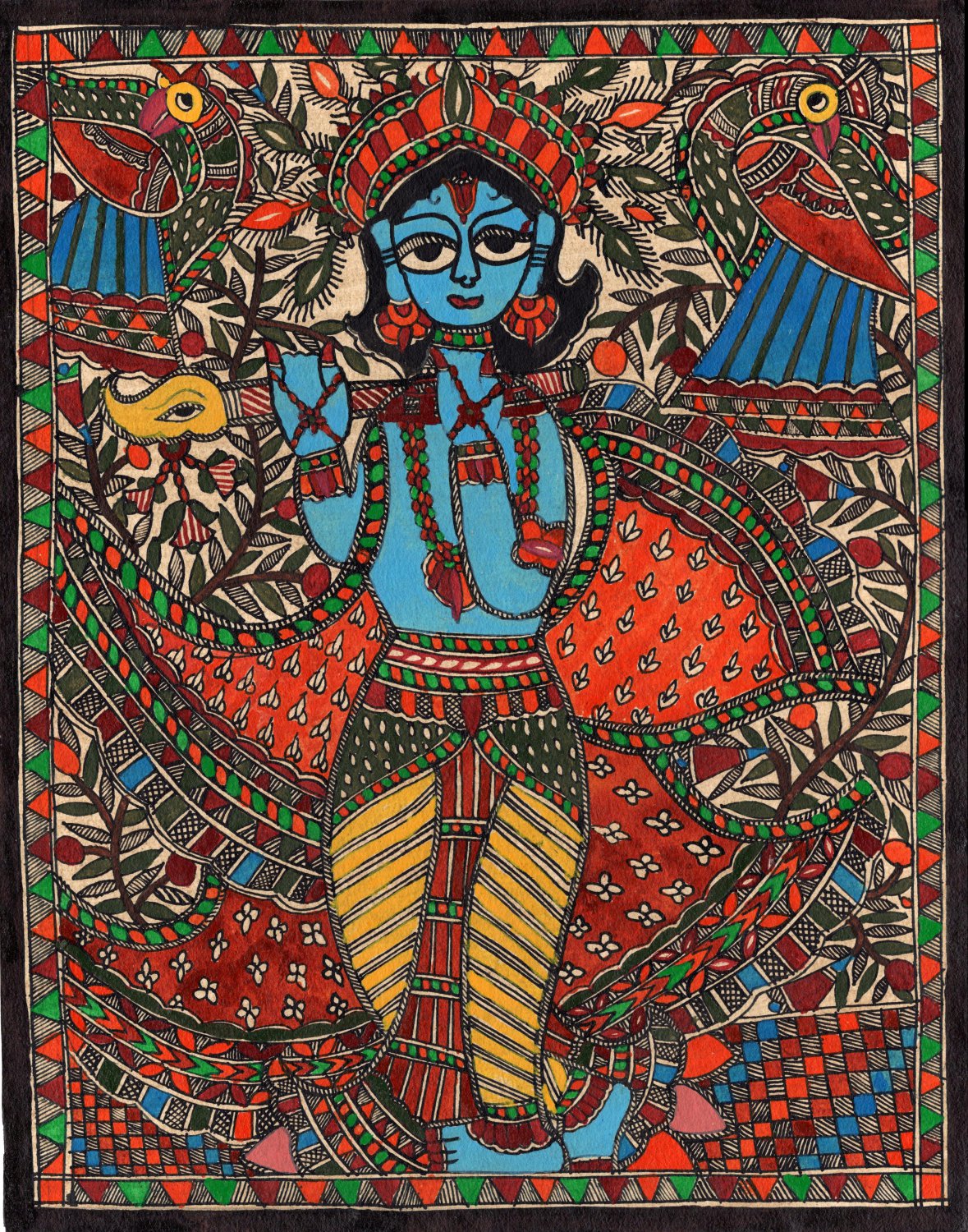 Madhubani Krishna Folk Painting Handmade Indian Tribal Mithila Bihar ...