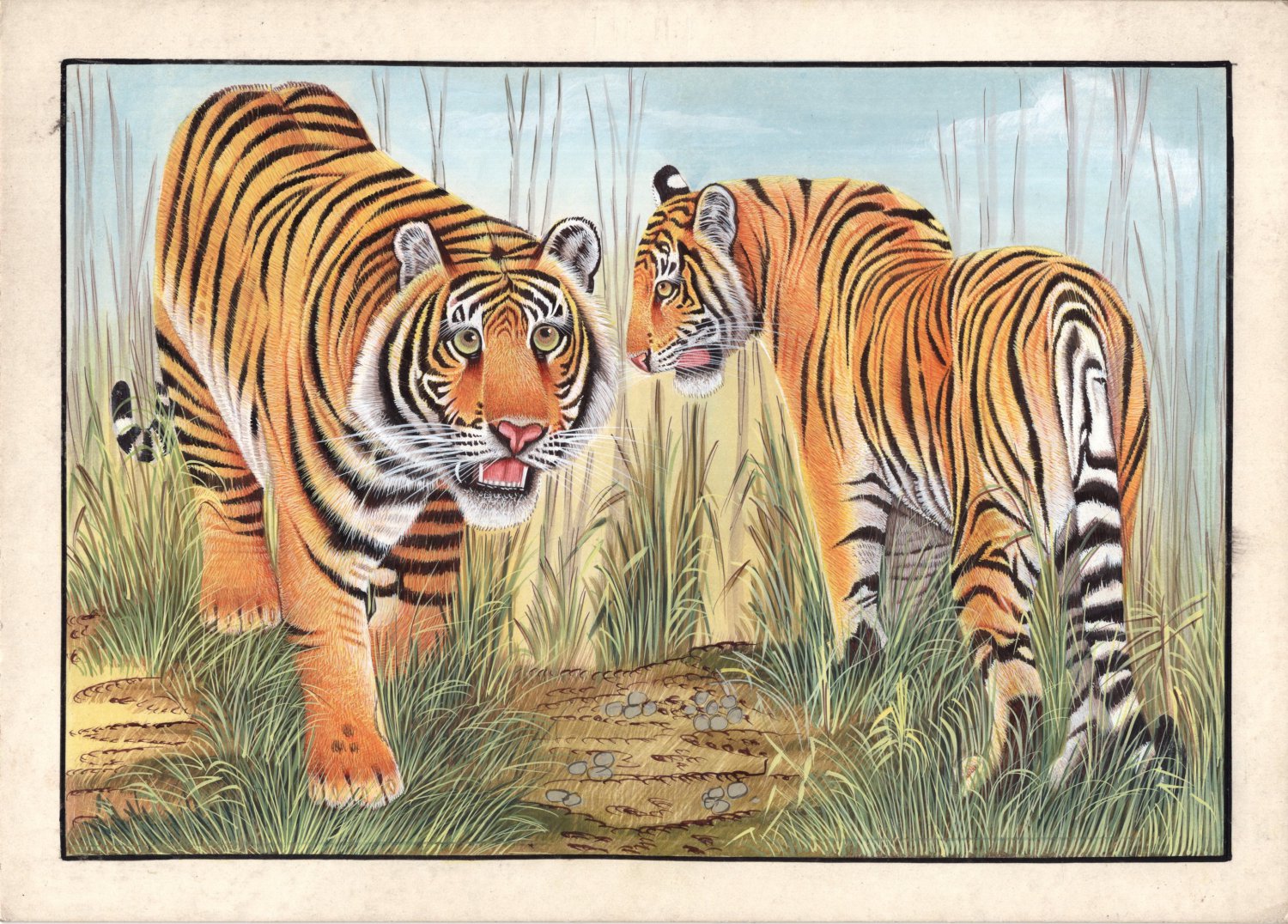 Bengal Indian Tigers Painting Handmade Wildlife Animal Nature Miniature