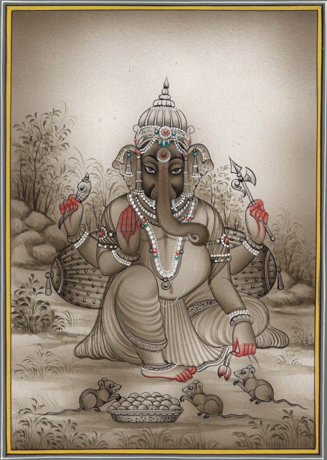 Sri Ganesh Ganesha Miniature Painting Handmade India Hindu Religion Paper Art