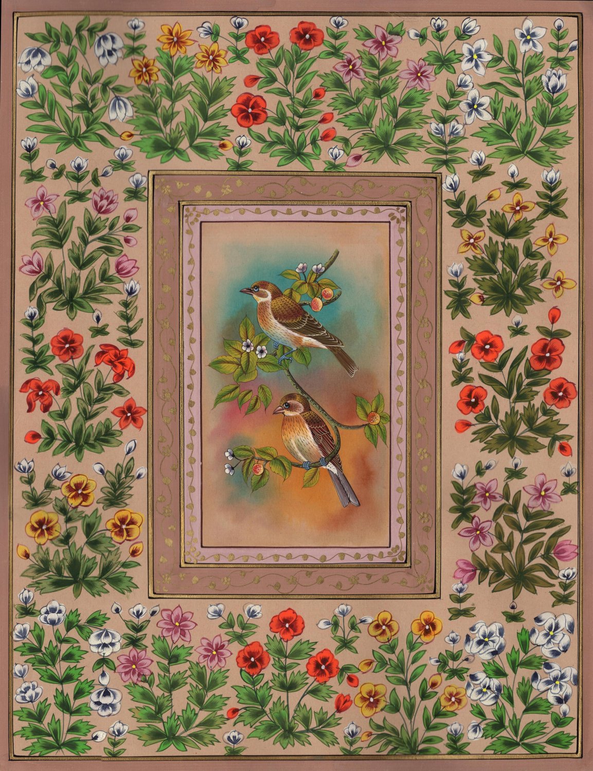 Sparrow Painting Handmade Indian Bird of Paradise Nature Floral Miniature Art