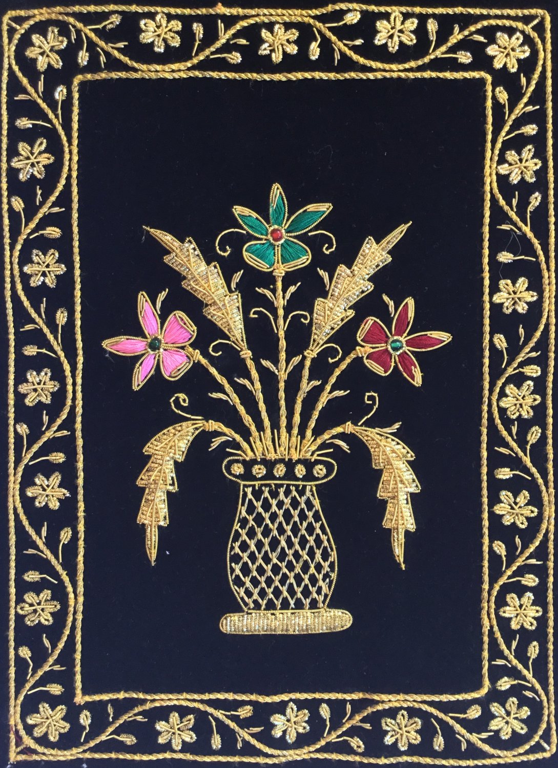 Indian Velvet Embroidery Art Handmade Jaipur Floral Vase Decor Ethnic