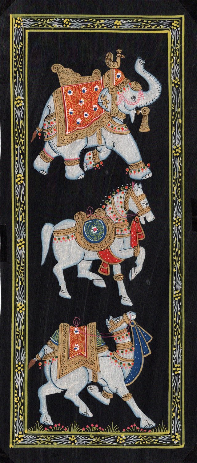 Indian Animal Miniature Silk Painting Handmade Elephant Horse Camel Nature Art
