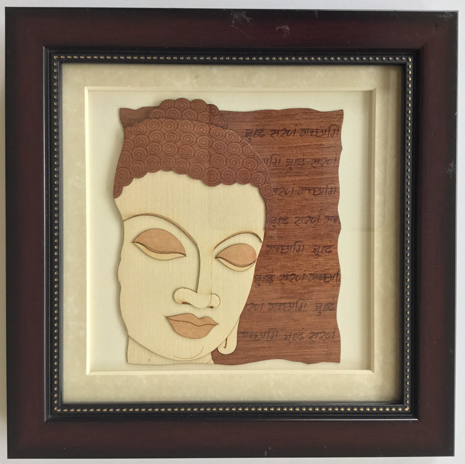 Buddha Face Decor Art Handmade Wood Carving Indian Buddhist Marquetry Handicraft