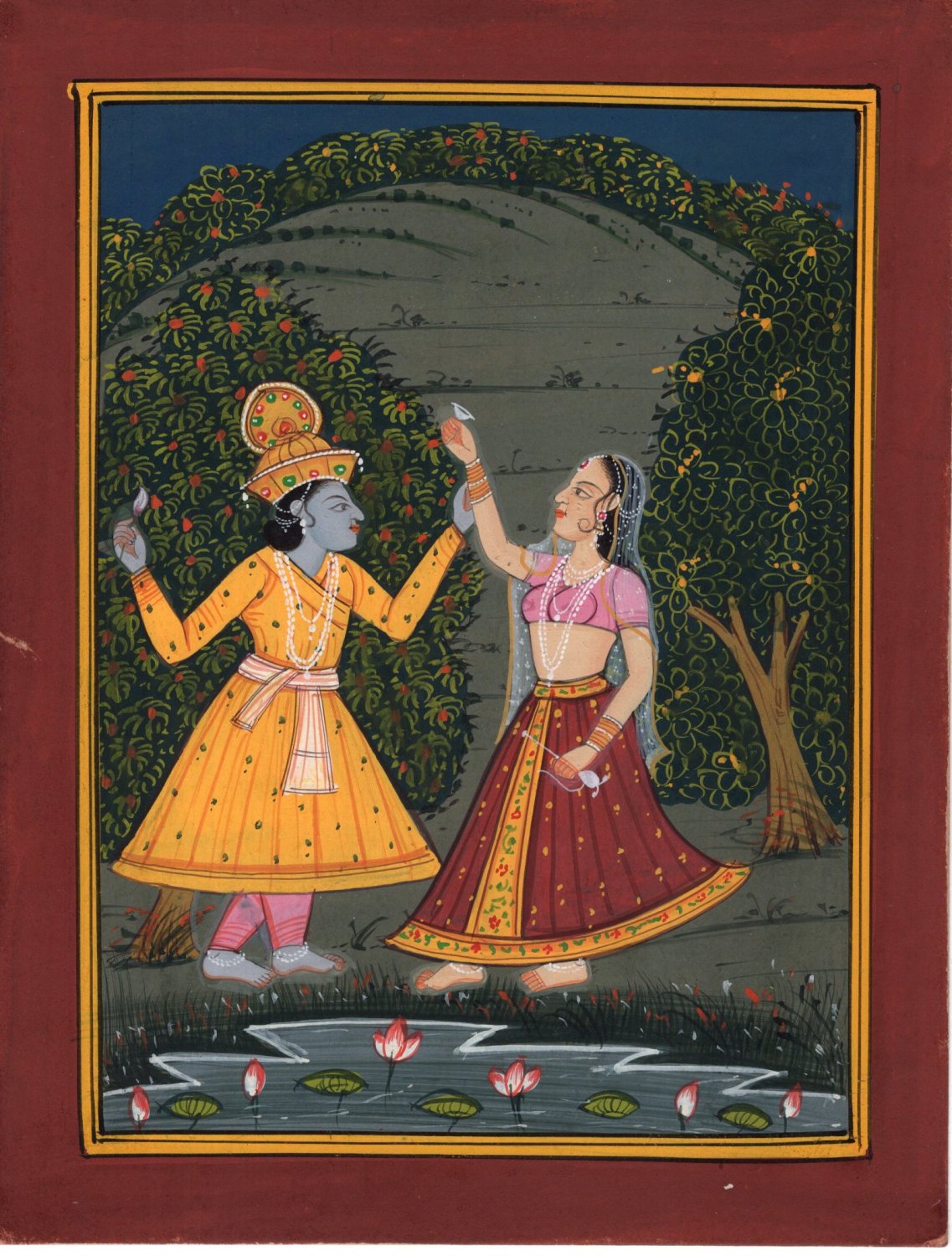 Krishna Radha Pahari Painting  Handmade Hindu Folk 