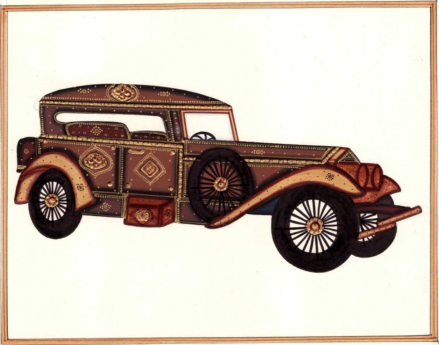 Rajasthani Miniature Automobile Art Handmade Indian Antique Car Decor Painting