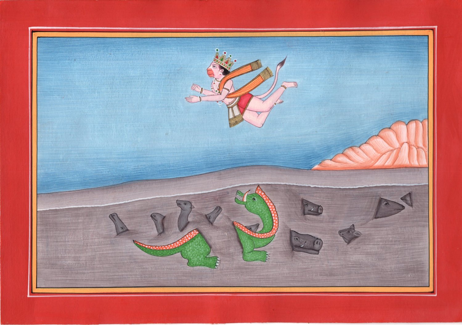 Kangra School Hanuman Painting Handmade Indian Miniature Hindu Saga Pahari Art