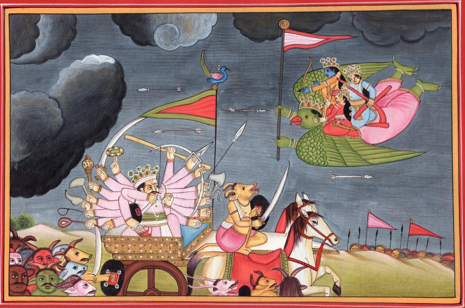 Kangra Art Handmade Indian Miniature Rama Lakshmana Garuda Pahari Folk Painting