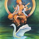 Hindu Goddess Saraswati Painting Handmade Indian Religious Oil on Canvas Artwork