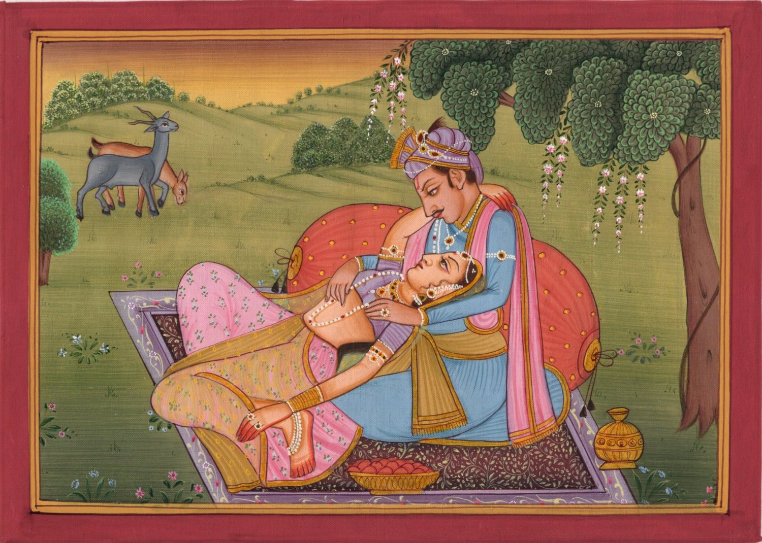 Moghul Miniature Painting Exotic Courtyard Harem Handmade Mughal Watercolor Art