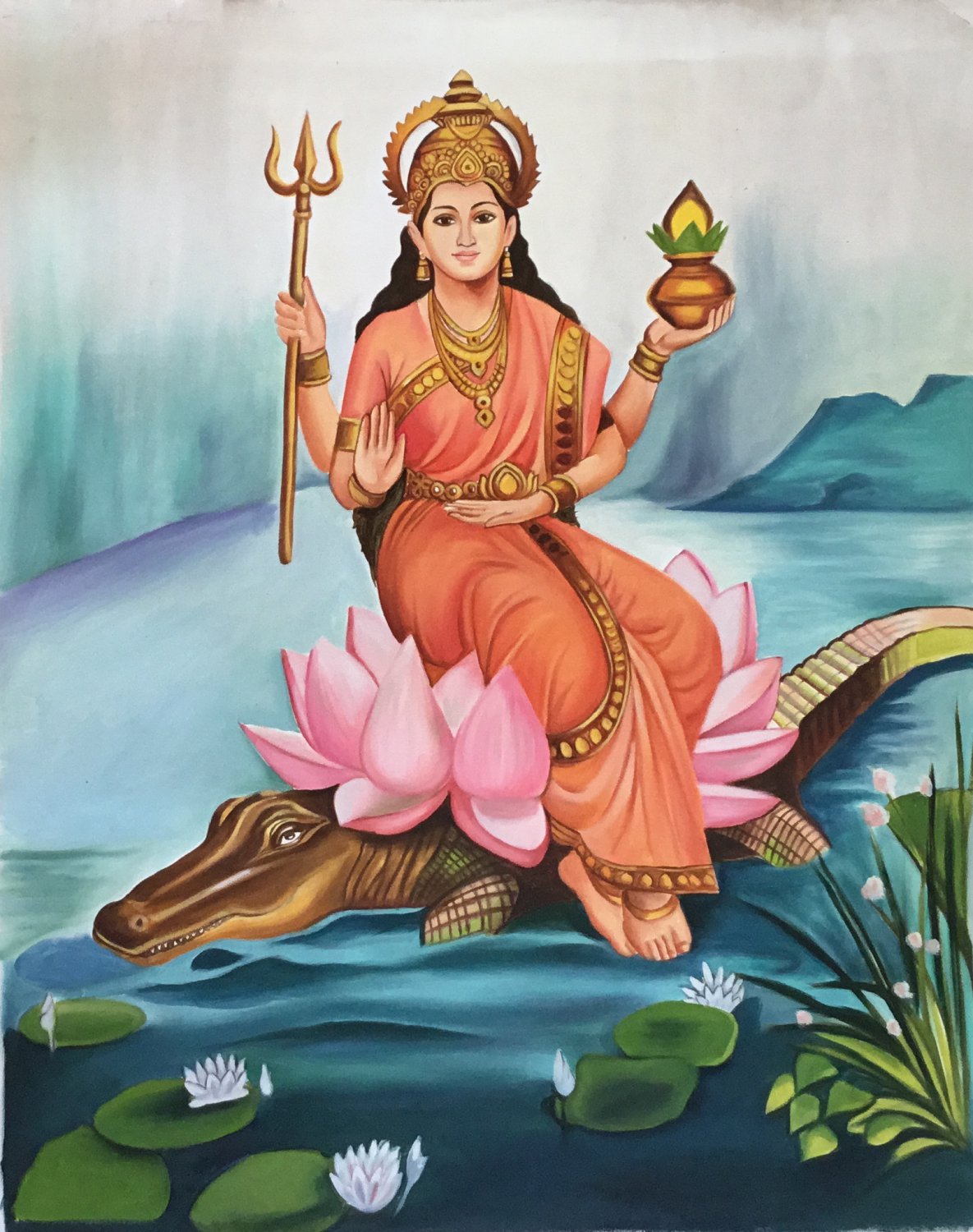 Ganga Mother Goddess Art Handmade Indian Ethnic Decor Hindu Oil Canvas Painting