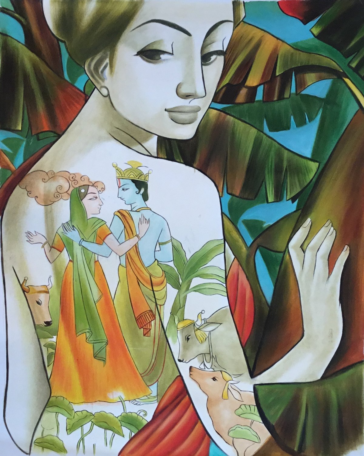 Radha Krishna Divine Indian Art Hindu Deity Handmade Decor Oil Canvas Painting