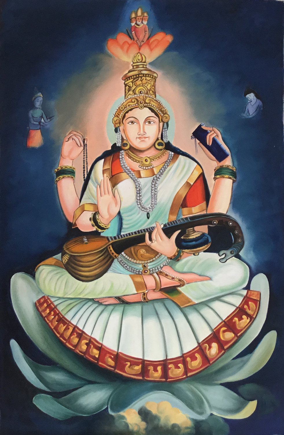 Hindu Saraswati Goddess Ethnic Art Handmade Indian Canvas Oil Decor Folk Art