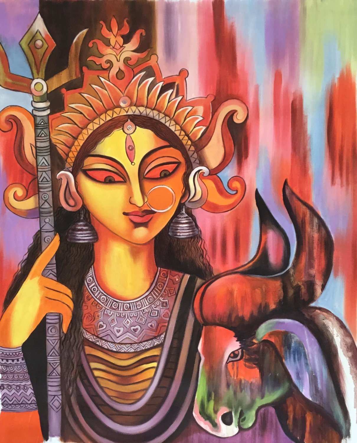 Durga Canvas Painting Handmade Indian Ethnic Hindu Goddess