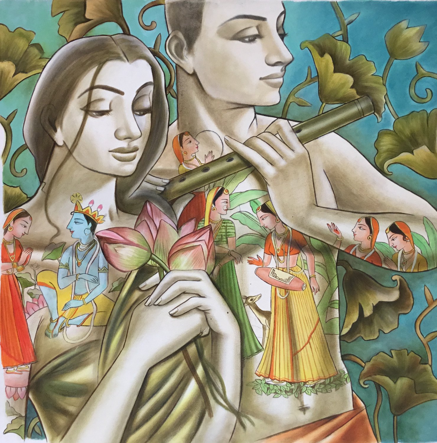 Krishna Radha Hindu Oil on Canvas Art Indian Deity Hand Painted Ethnic Painting