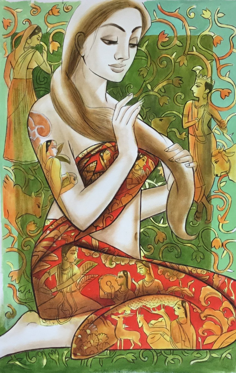Radha Krishna Divine Handmade Hindu Painting Indian Ethnic Oil Canvas Decor Art