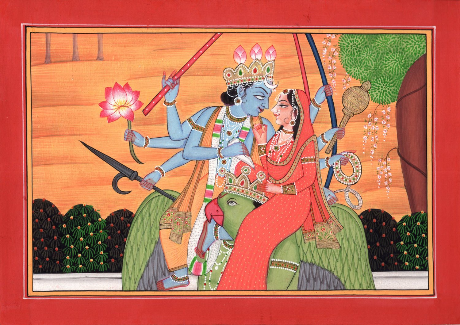 Vishnu Lakshmi Garuda Kangra Miniature Painting Handmade Indian Hindu Deity Art