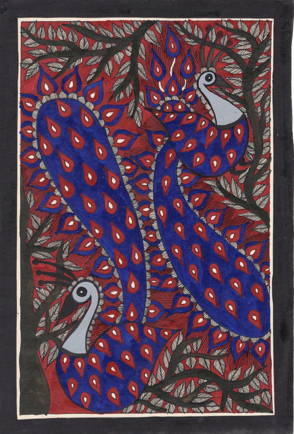 Madhubani Peacock Bird Art Handmade Indian Tribal Folk Mithila Decor Painting