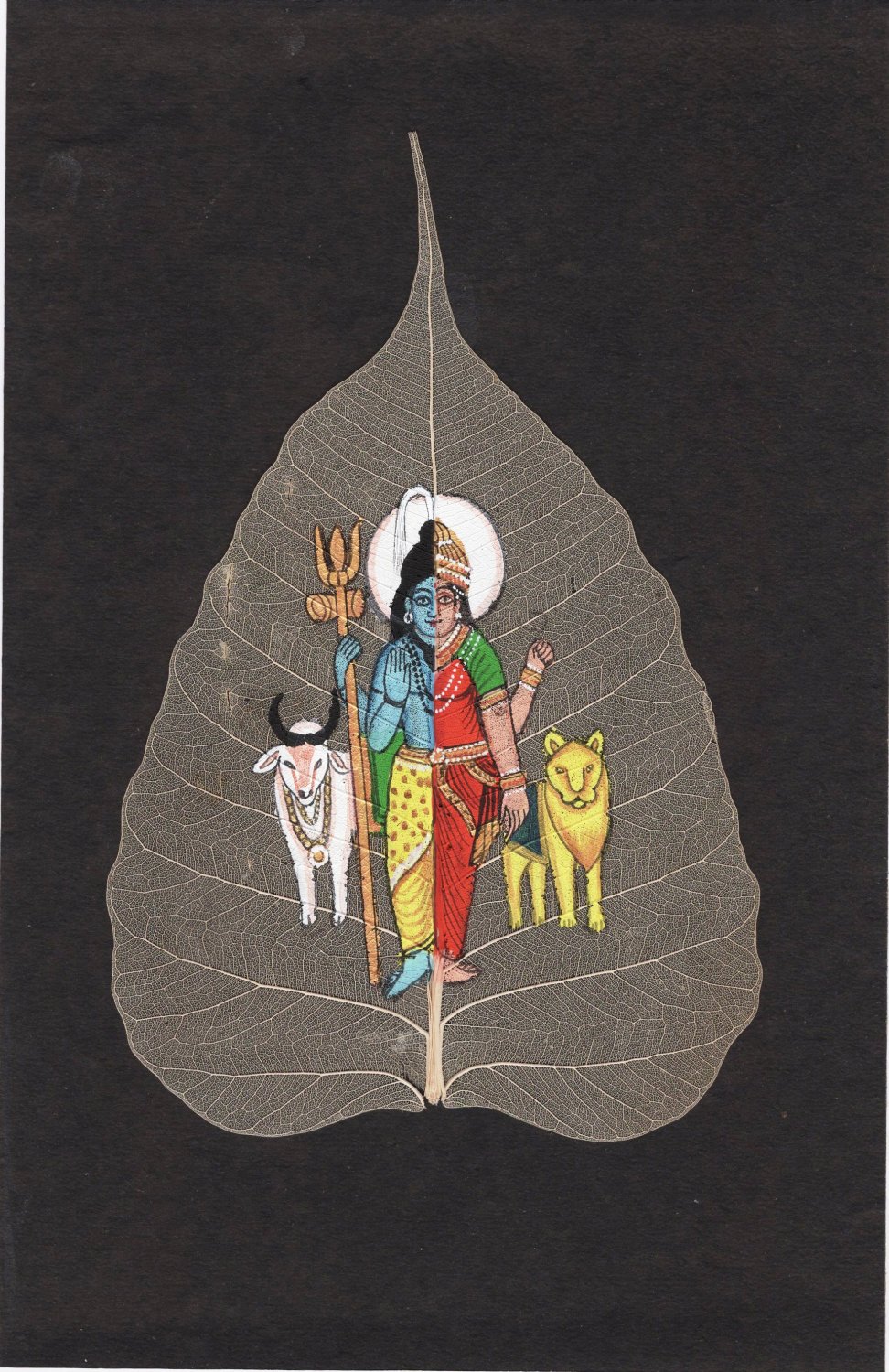 Indian Miniature Peepal Leaf Ardhanarishvara Art Handmade Shiva Parvati Painting