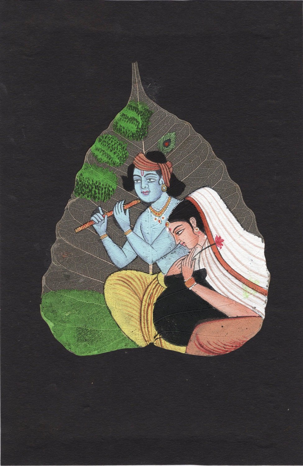 Indian Miniature Peepal Leaf Radha Krishna Art Handmade Hindu God Folk  Painting