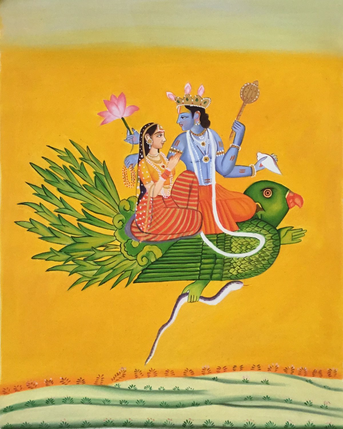 Vishnu Lakshmi Garuda Oil Painting Handmade Indian Hindu Ethnic Spiritual Art