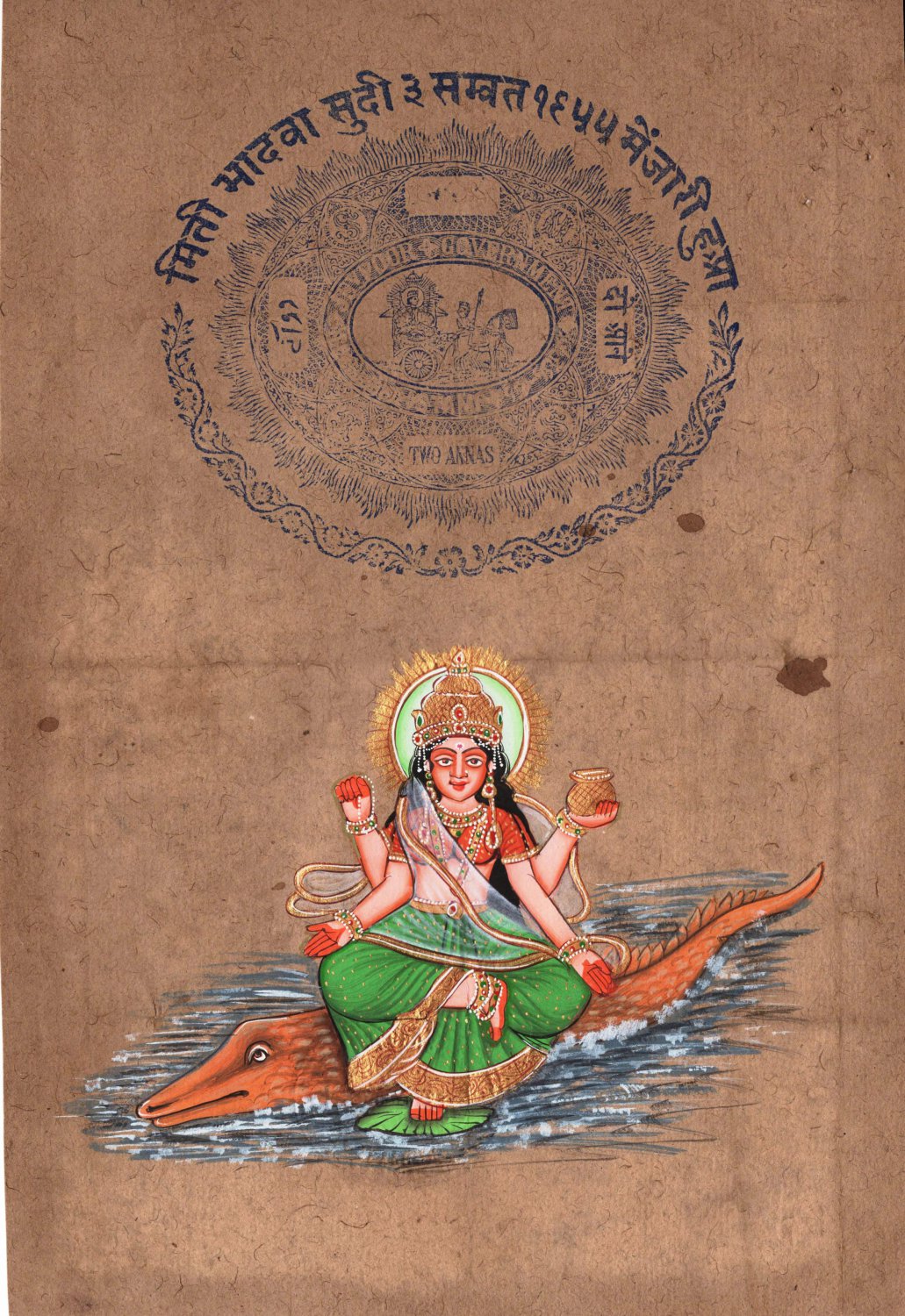 Indian Miniature Art River Ganga Hindu Goddess Handmade Stamp Paper Painting