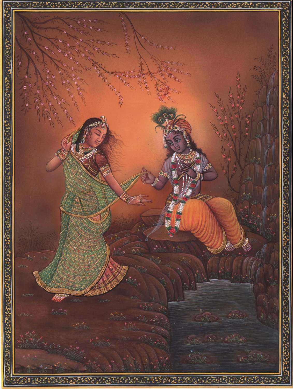 Krishna Radha Indian Decor Art Handmade Miniature Hindu Deity Drawing Painting