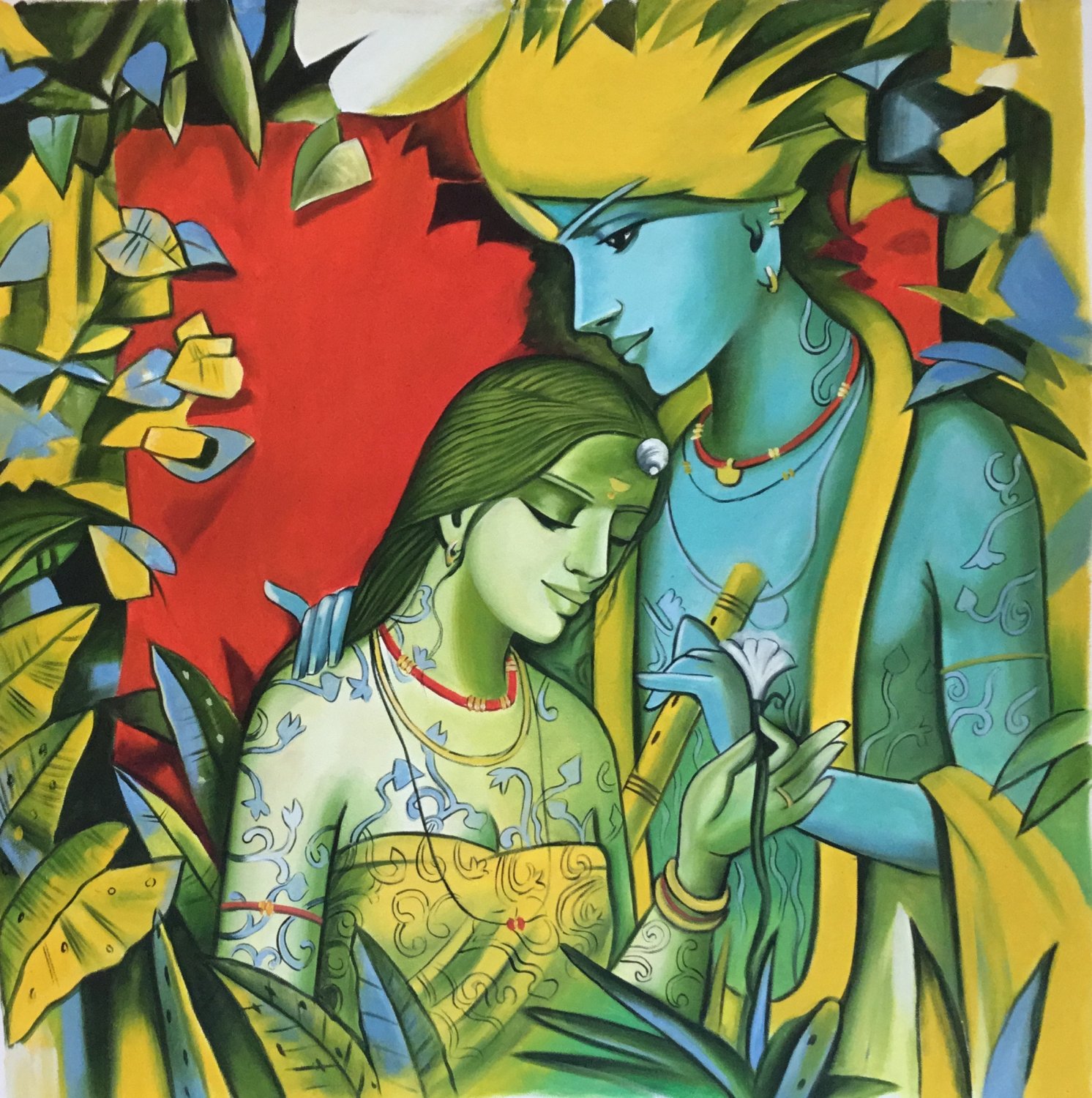 Krishna Radha Hindu Modern Art Handmade Oil on Canvas Wall Decor Indian ...