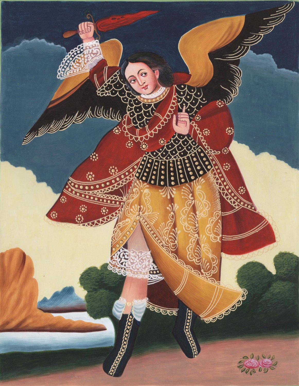 Archangel Uriel Peruvian Indian Art Handmade Peru Folk Watercolor Cuzco Painting