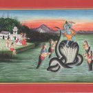 Indian Kangra Pahari Art Handmade Hindu Deity Krishna Kaliya Mardanam Painting