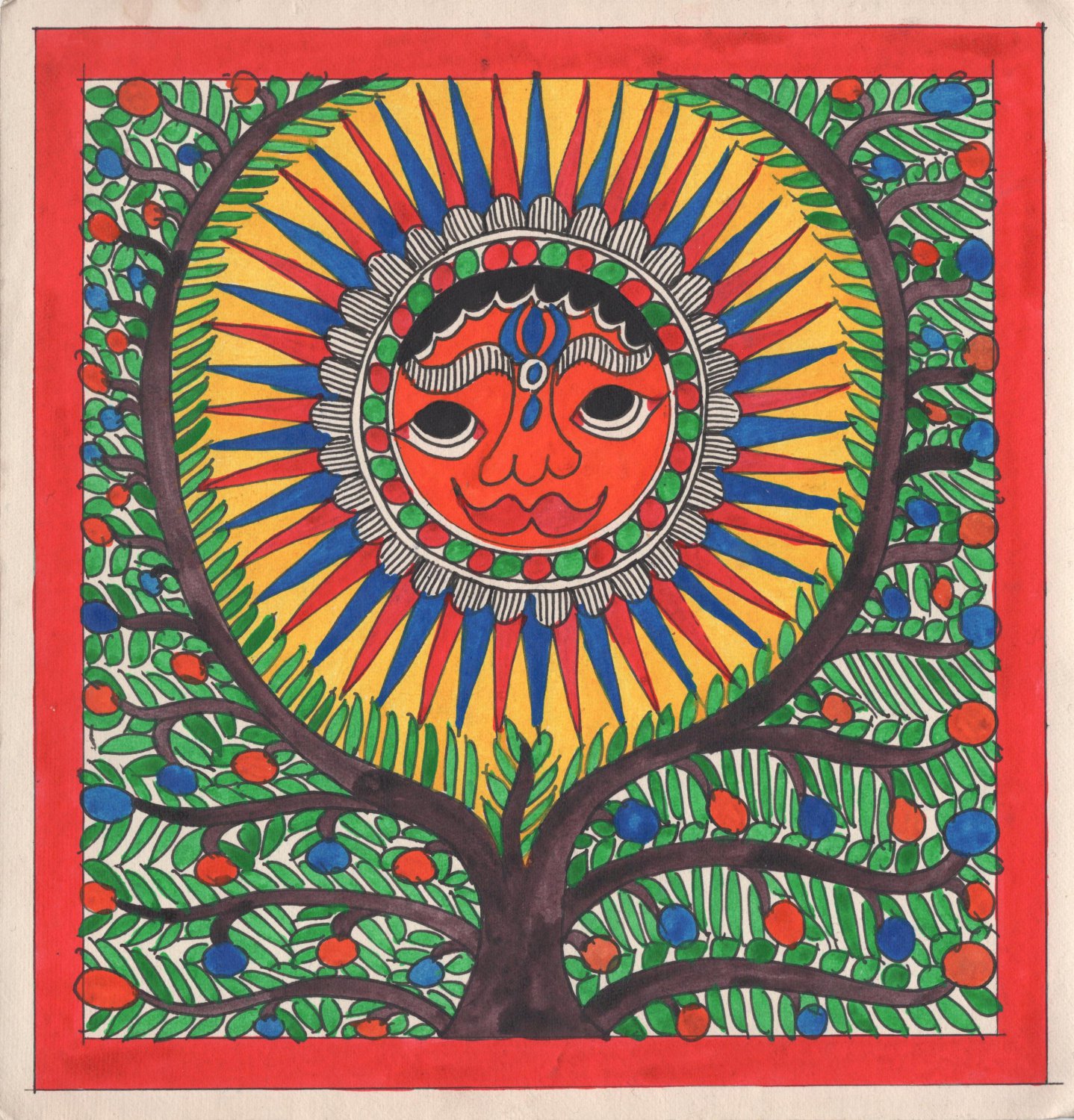 Madhubani Painting Indian Mithila Miniature Handmade Sun God Tree of ...