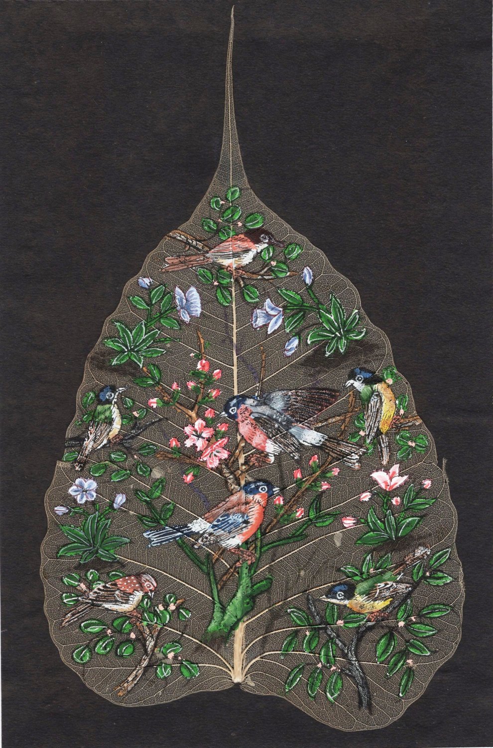 Peepal Leaf Art Handmade Indian Miniature Sparrow Nature Bird Ethnic Painting