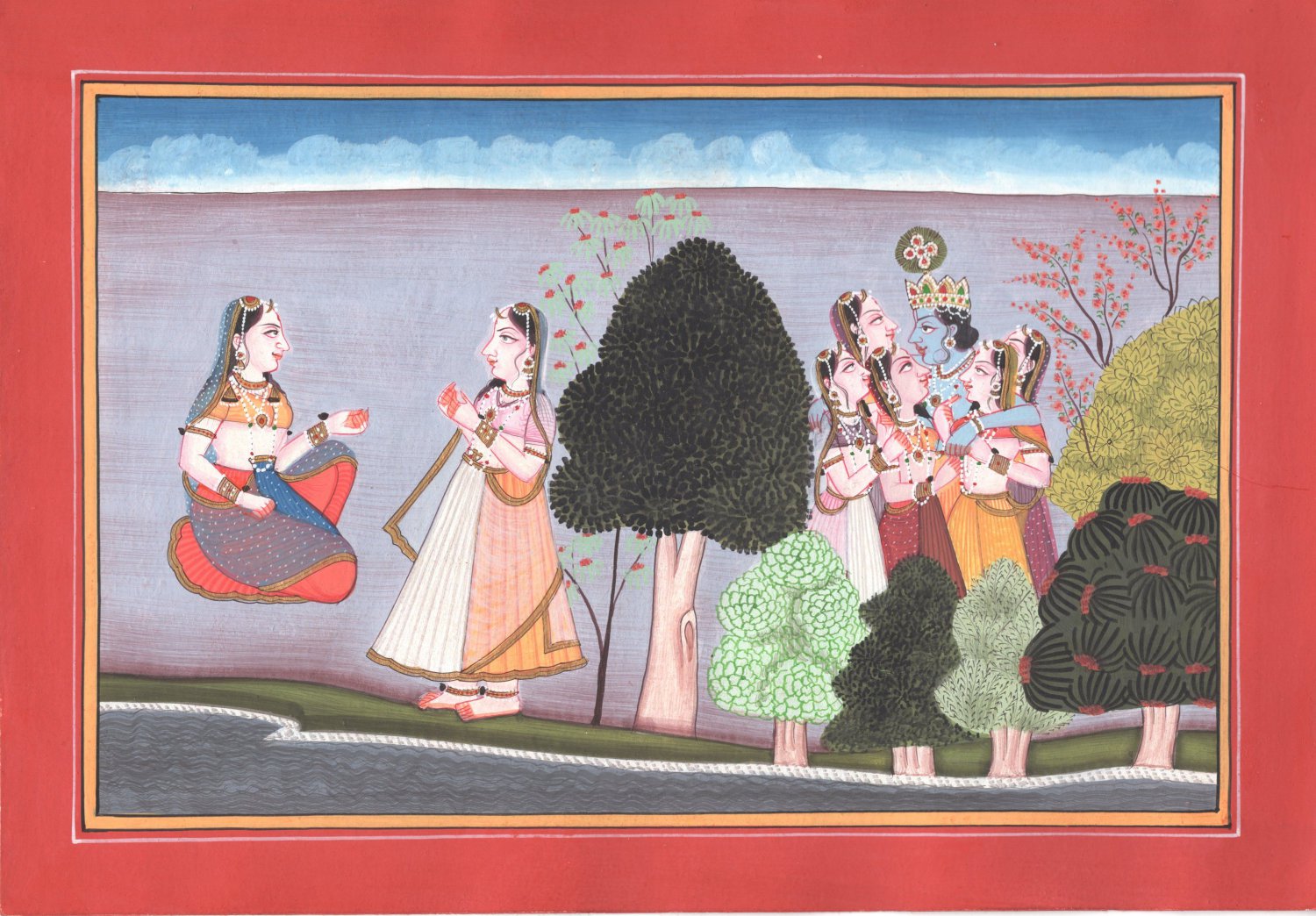 Indian Kangra Pahari Art Handmade Hindu Deity Krishna Gopi Forest Scene Painting