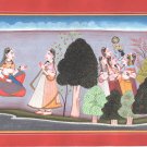 Indian Kangra Pahari Art Handmade Hindu Deity Krishna Gopi Forest Scene Painting