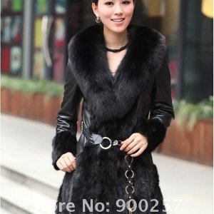 Lamb Leather Coat, REAL Mink fur Trimming & Fox Collar, Black, M